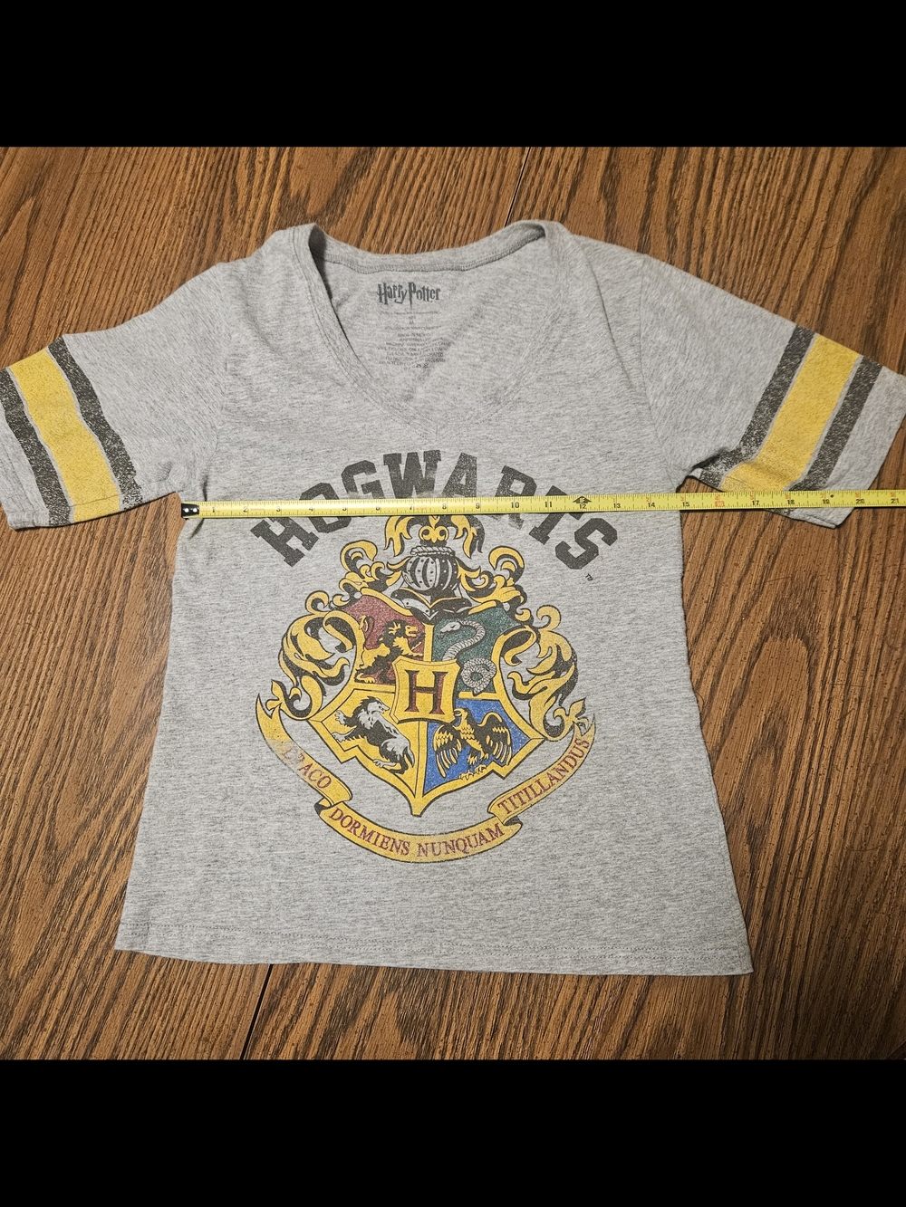 Warner Bros. Kids Grey Tee with Yellow Sleeve Stripes and Hogwarts Crest